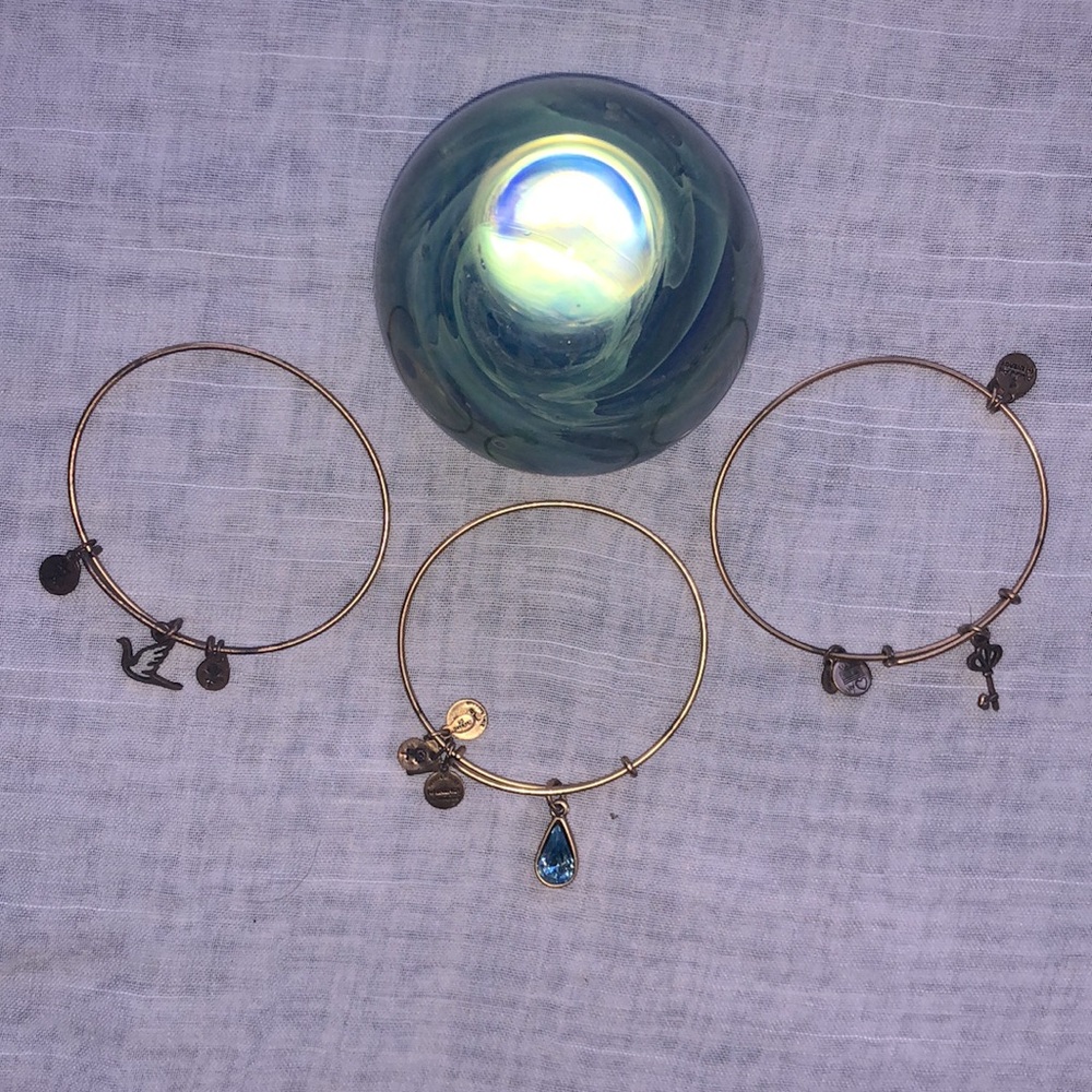 Alex & Ani Gold Bangle Trio | dove/water/key charms